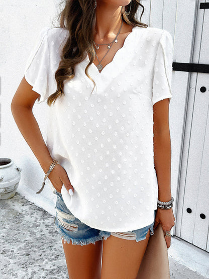 Blouses- Swiss Dot V-Neck Blouse - Short Petal Sleeve Top- Chuzko Women Clothing