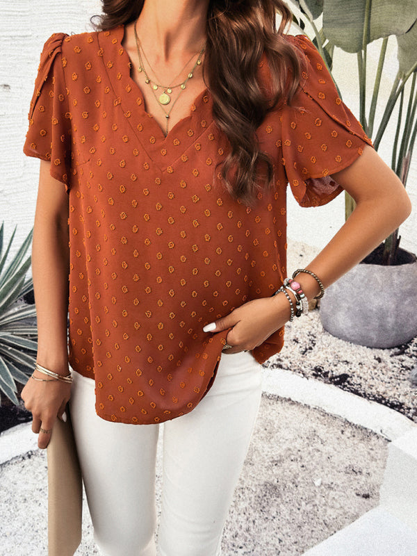 Blouses- Swiss Dot V-Neck Blouse - Short Petal Sleeve Top- Chuzko Women Clothing