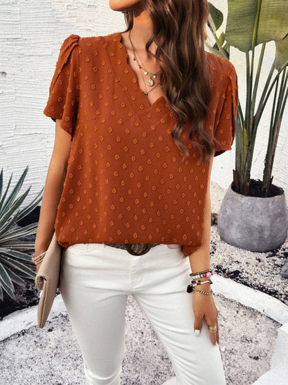 Blouses- Swiss Dot V-Neck Blouse - Short Petal Sleeve Top- Chuzko Women Clothing