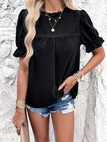 Blouses- Textured Eyelet Frill Stand Collar Blouse with Puff Sleeves- Black- IndioGear Fashion and Gear