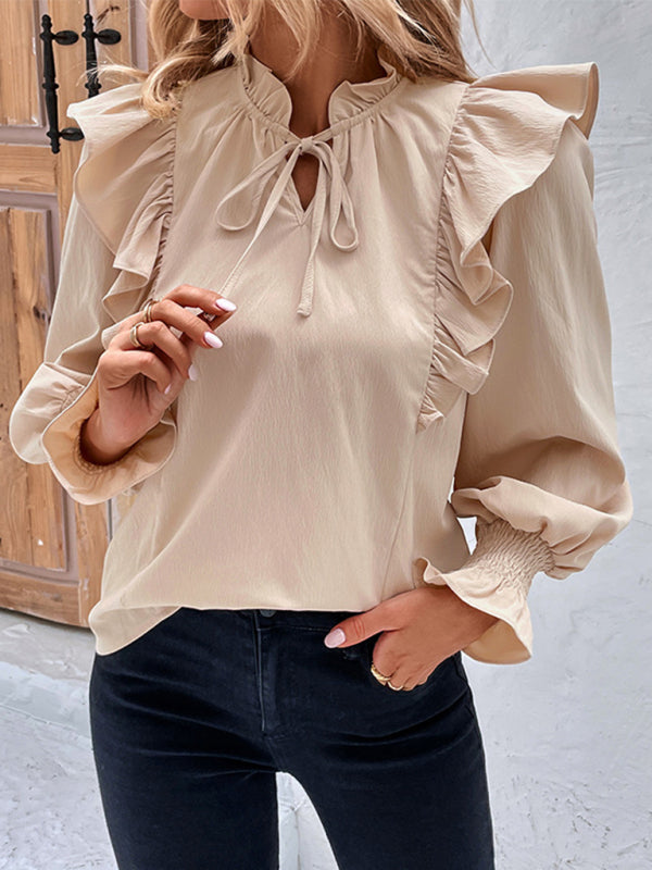 Blouses- Textured Ruffle Bishop Long Sleeve Blouse- Cracker khaki- IndioGear Fashion and Gear