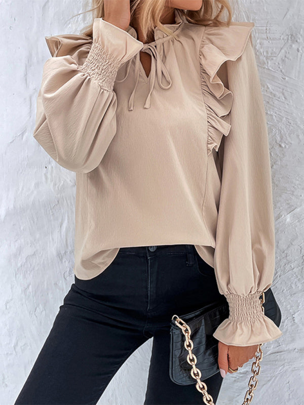 Blouses- Textured Ruffle Bishop Long Sleeve Blouse- - IndioGear Fashion and Gear