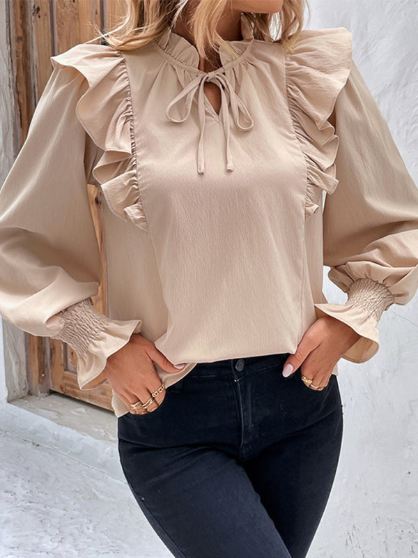 Blouses- Textured Ruffle Bishop Long Sleeve Blouse- - IndioGear Fashion and Gear