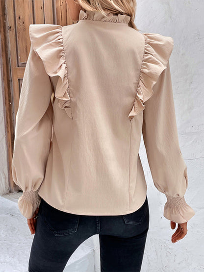 Blouses- Textured Ruffle Bishop Long Sleeve Blouse- - IndioGear Fashion and Gear