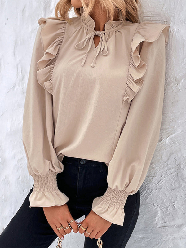 Blouses- Textured Ruffle Bishop Long Sleeve Blouse- - IndioGear Fashion and Gear