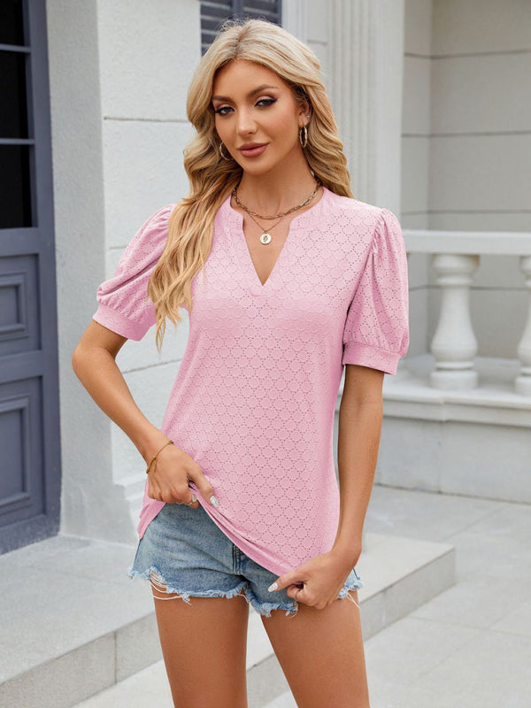 Blouses- Textured V-Neck Blouse - Short Puff Sleeve T-shirt- Chuzko Women Clothing