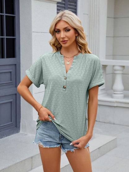 Blouses- Textured V-Neck Blouse - Short Sleeves with Half Button-Up T-shirt- Chuzko Women Clothing