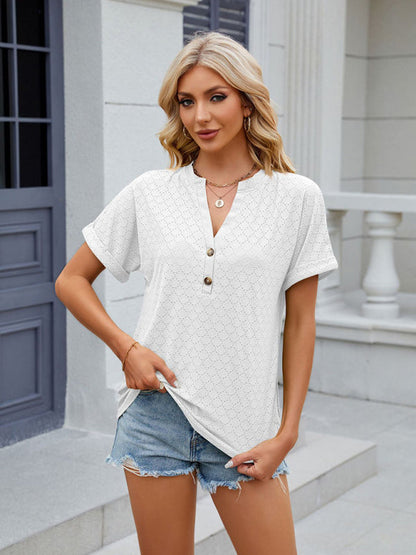 Blouses- Textured V-Neck Blouse - Short Sleeves with Half Button-Up T-shirt- Chuzko Women Clothing