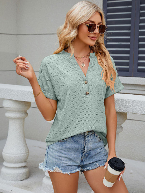 Blouses- Textured V-Neck Blouse - Short Sleeves with Half Button-Up T-shirt- Chuzko Women Clothing