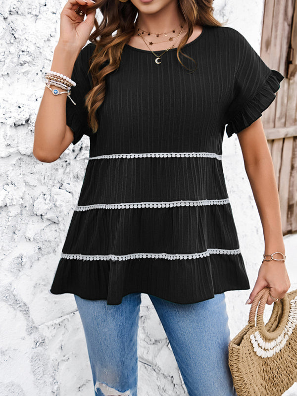 Blouses- Tiered Tunic Blouse - Women's Textured Top with Frill Accents & Contrast Trim- - IndioGear Fashion and Gear