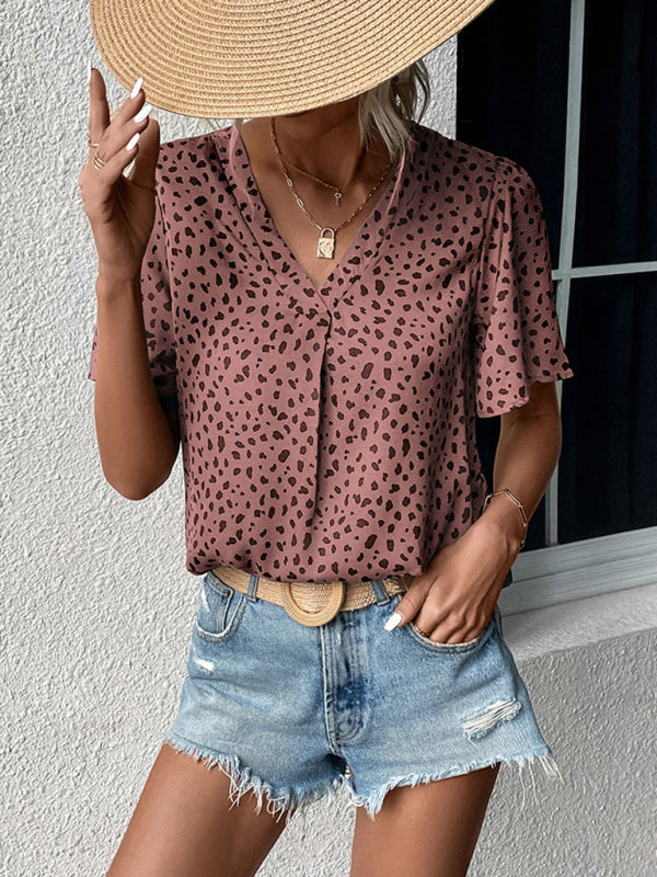 Blouses- Trendy Flounce Sleeves Blouse: V Neck, Dalmatian Print, Casual Top- Pink- IndioGear Fashion and Gear