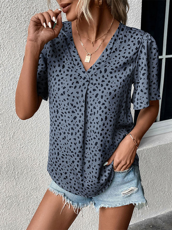 Blouses- Trendy Flounce Sleeves Blouse: V Neck, Dalmatian Print, Casual Top- - IndioGear Fashion and Gear