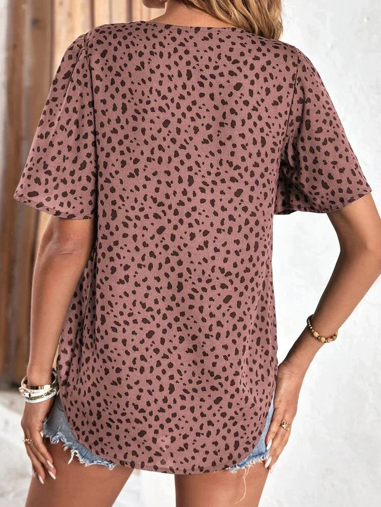 Blouses- Trendy Flounce Sleeves Blouse: V Neck, Dalmatian Print, Casual Top- - IndioGear Fashion and Gear