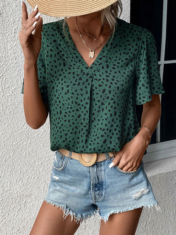 Blouses- Trendy Flounce Sleeves Blouse: V Neck, Dalmatian Print, Casual Top- Green black jasper- IndioGear Fashion and Gear