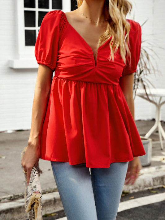 Blouses- Trendy Peplum Shirred V Neck Blouse - Women's Short Puff Sleeves Top- Red- IndioGear Fashion and Gear