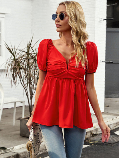 Blouses- Trendy Peplum Shirred V Neck Blouse - Women's Short Puff Sleeves Top- - IndioGear Fashion and Gear