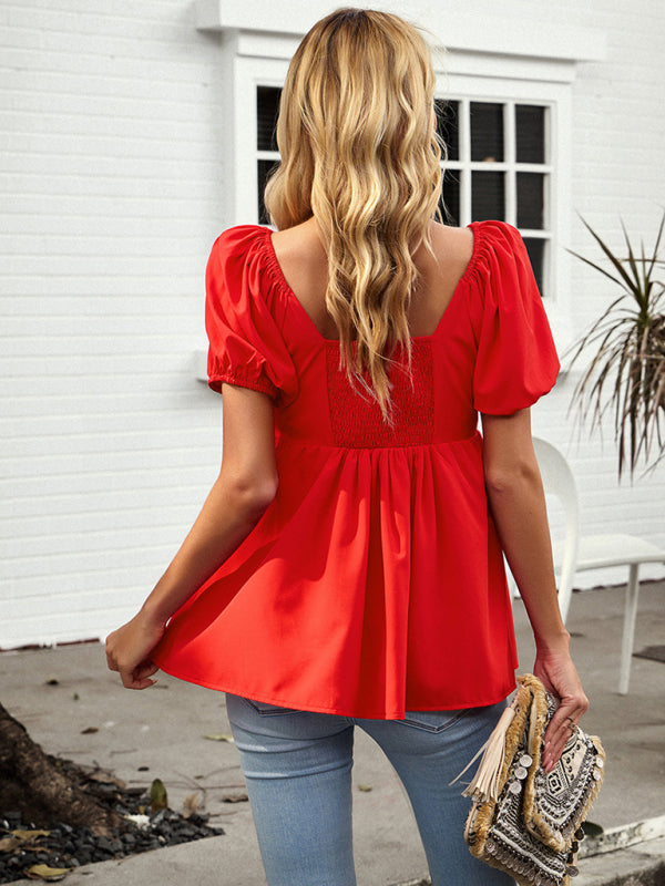 Blouses- Trendy Peplum Shirred V Neck Blouse - Women's Short Puff Sleeves Top- - IndioGear Fashion and Gear