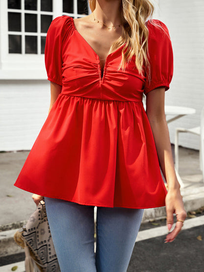 Blouses- Trendy Peplum Shirred V Neck Blouse - Women's Short Puff Sleeves Top- - IndioGear Fashion and Gear