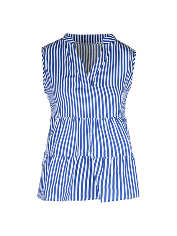 Blouses- Trendy Sleeveless Stripe Blouse: V Neck, Casual Tank Top- - IndioGear Fashion and Gear