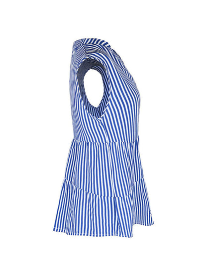 Blouses- Trendy Sleeveless Stripe Blouse: V Neck, Casual Tank Top- - IndioGear Fashion and Gear