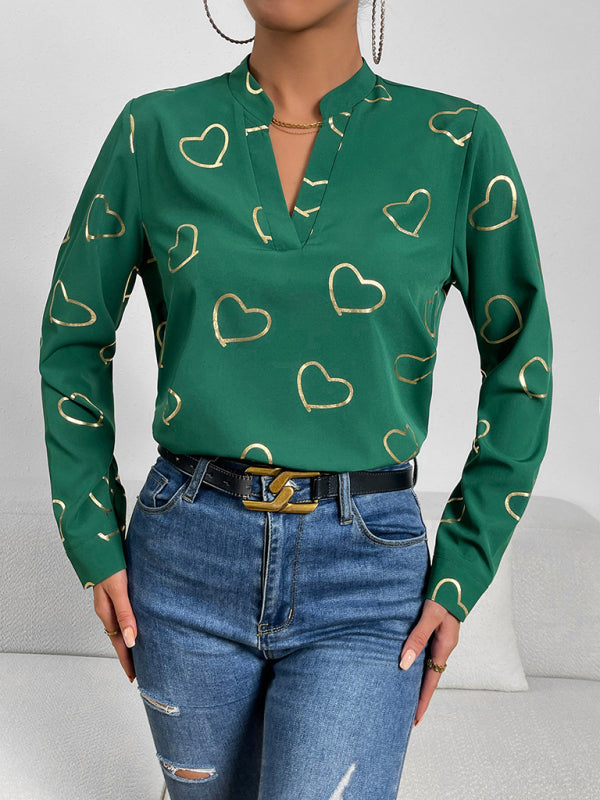 Blouses- V-Neck Blouse Shirt in Love Print with Long Sleeves- Green- IndioGear Fashion and Gear