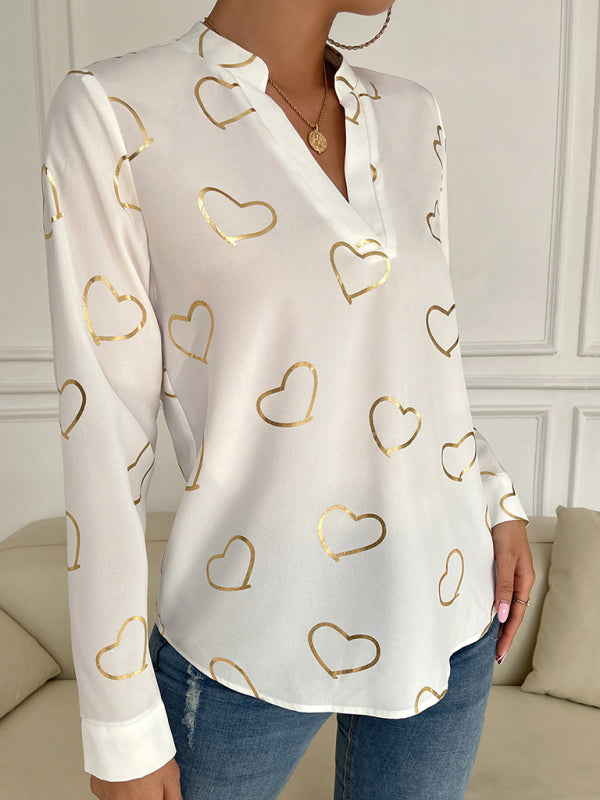 Blouses- V-Neck Blouse Shirt in Love Print with Long Sleeves- - IndioGear Fashion and Gear