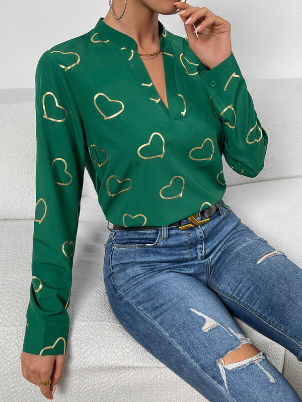 Blouses- V-Neck Blouse Shirt in Love Print with Long Sleeves- - IndioGear Fashion and Gear