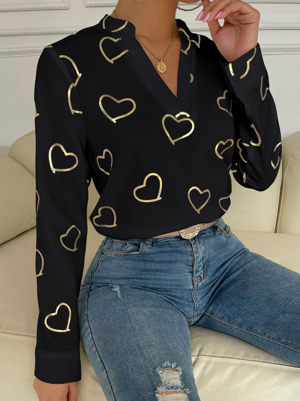 Blouses- V-Neck Blouse Shirt in Love Print with Long Sleeves- - IndioGear Fashion and Gear