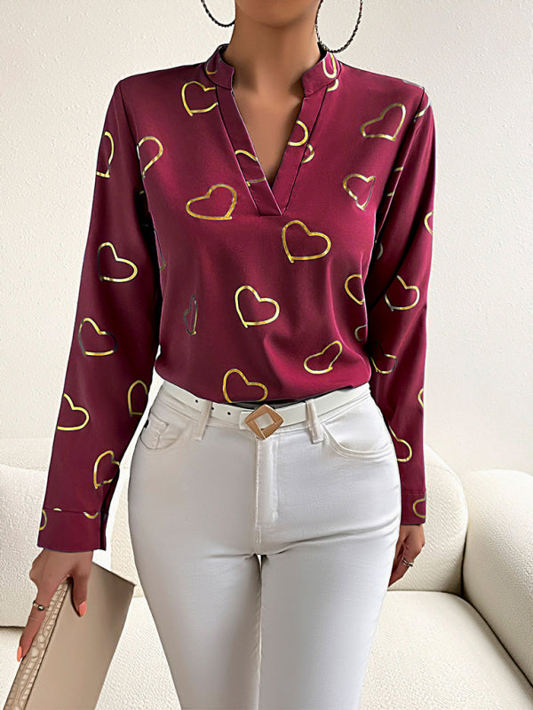 Blouses- V-Neck Blouse Shirt in Love Print with Long Sleeves- - IndioGear Fashion and Gear