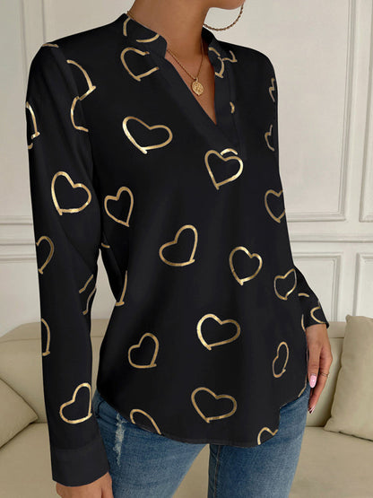 Blouses- V-Neck Blouse Shirt in Love Print with Long Sleeves- - IndioGear Fashion and Gear