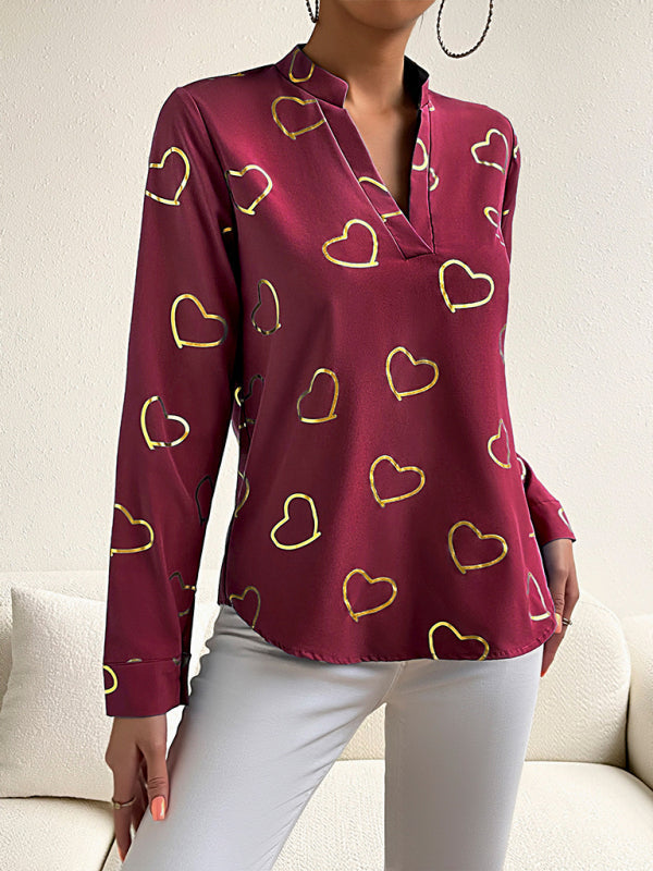 Blouses- V-Neck Blouse Shirt in Love Print with Long Sleeves- - IndioGear Fashion and Gear