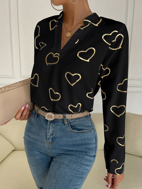 Blouses- V-Neck Blouse Shirt in Love Print with Long Sleeves- - IndioGear Fashion and Gear