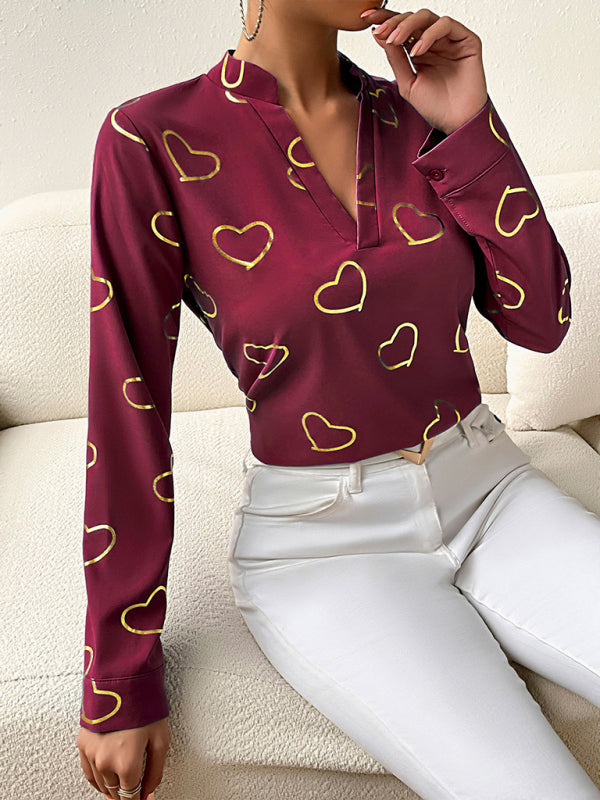 Blouses- V-Neck Blouse Shirt in Love Print with Long Sleeves- - IndioGear Fashion and Gear