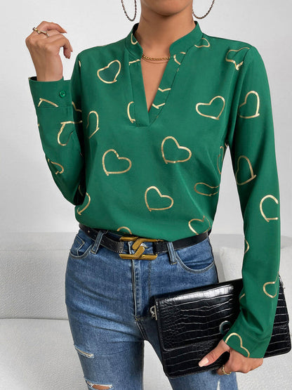 Blouses- V-Neck Blouse Shirt in Love Print with Long Sleeves- - IndioGear Fashion and Gear