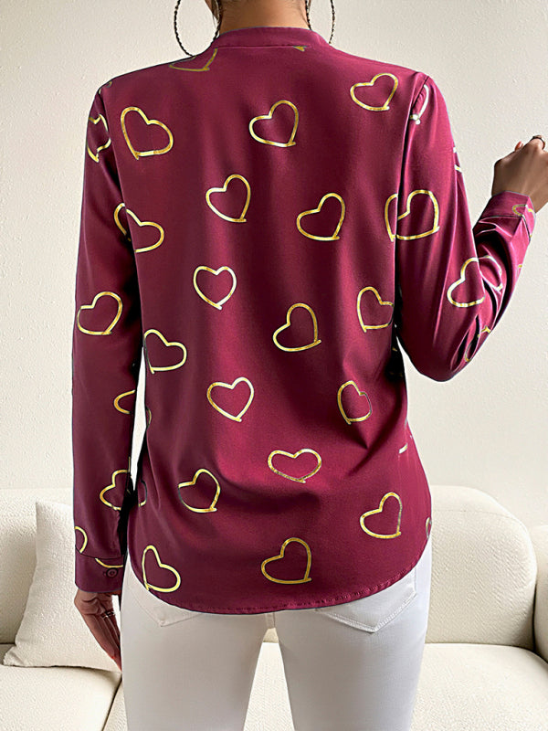 Blouses- V-Neck Blouse Shirt in Love Print with Long Sleeves- - IndioGear Fashion and Gear