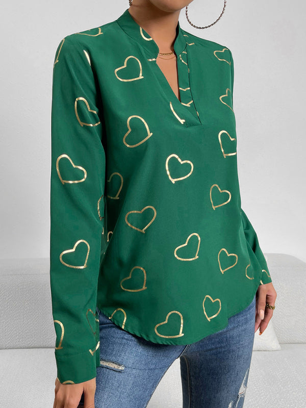 Blouses- V-Neck Blouse Shirt in Love Print with Long Sleeves- - IndioGear Fashion and Gear