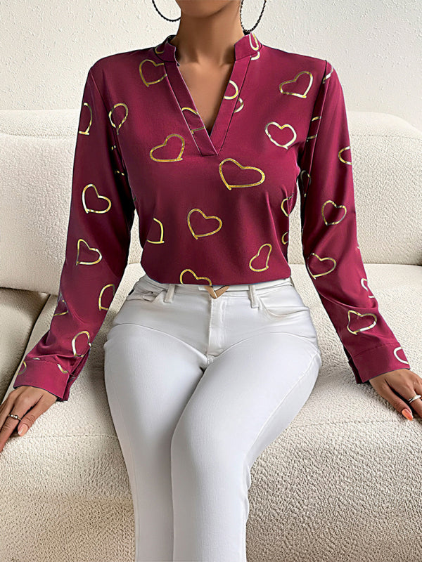 Blouses- V-Neck Blouse Shirt in Love Print with Long Sleeves- - IndioGear Fashion and Gear