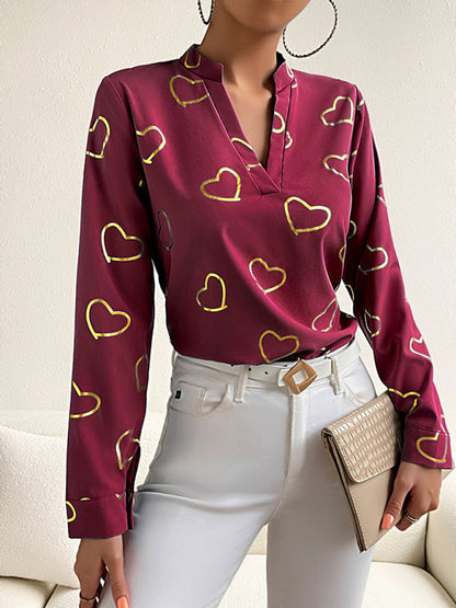 Blouses- V-Neck Blouse Shirt in Love Print with Long Sleeves- Wine Red- IndioGear Fashion and Gear