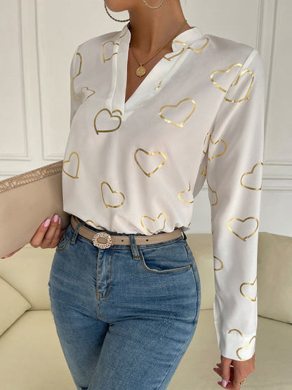 Blouses- V-Neck Blouse Shirt in Love Print with Long Sleeves- - IndioGear Fashion and Gear