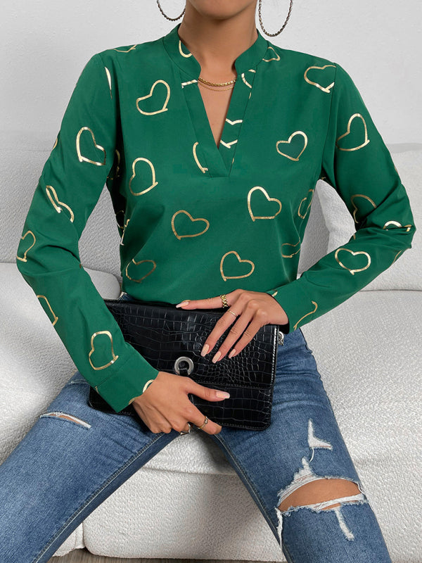 Blouses- V-Neck Blouse Shirt in Love Print with Long Sleeves- - IndioGear Fashion and Gear