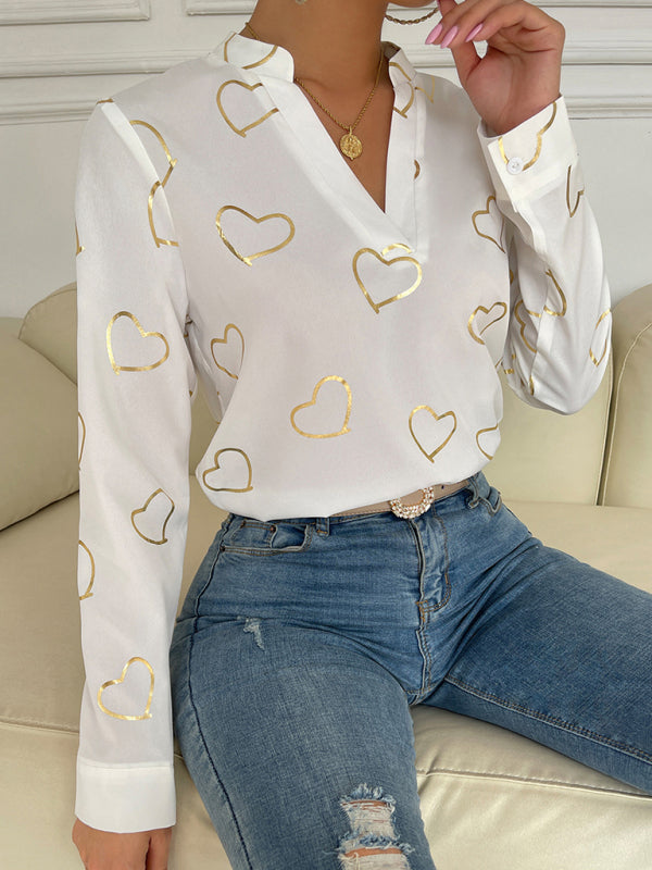 Blouses- V-Neck Blouse Shirt in Love Print with Long Sleeves- - IndioGear Fashion and Gear