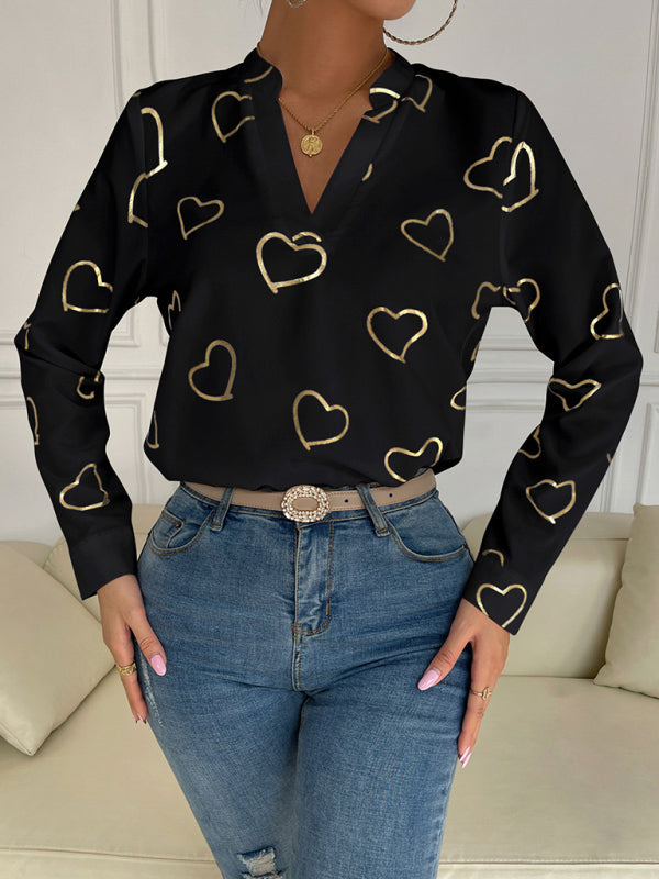 Blouses- V-Neck Blouse Shirt in Love Print with Long Sleeves- Black- IndioGear Fashion and Gear