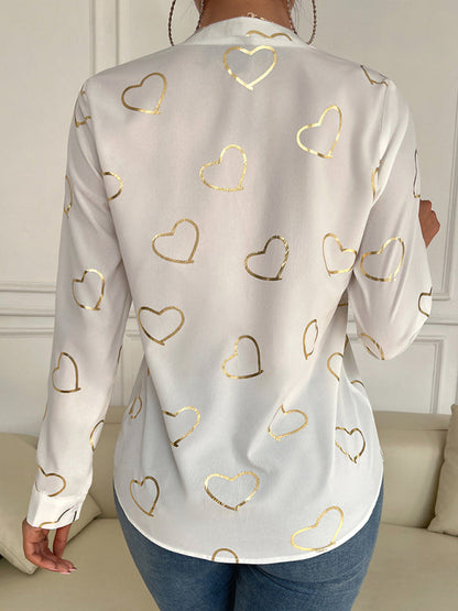 Blouses- V-Neck Blouse Shirt in Love Print with Long Sleeves- - IndioGear Fashion and Gear