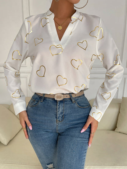 Blouses- V-Neck Blouse Shirt in Love Print with Long Sleeves- White- IndioGear Fashion and Gear