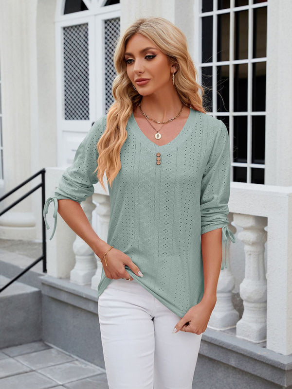 Blouses- V-Neck Blouse with 3/4 Sleeves | Eyelet Top- Chuzko Women Clothing