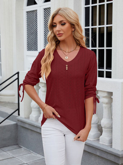 Blouses- V-Neck Blouse with 3/4 Sleeves | Eyelet Top- Chuzko Women Clothing