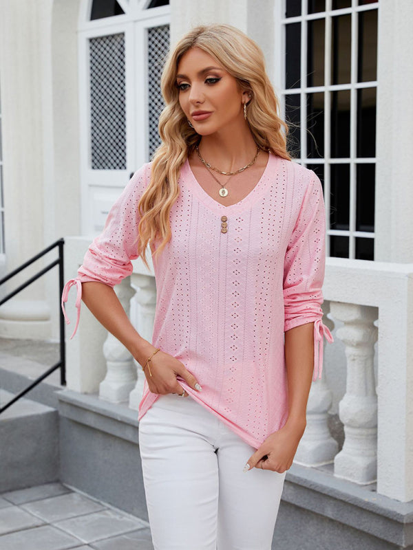 Blouses- V-Neck Blouse with 3/4 Sleeves | Eyelet Top- Chuzko Women Clothing