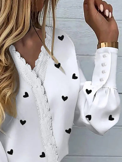 Blouses- V-Neck Blouse with Lace and Pearls - Lantern Sleeve Top for Spring- - IndioGear Fashion and Gear