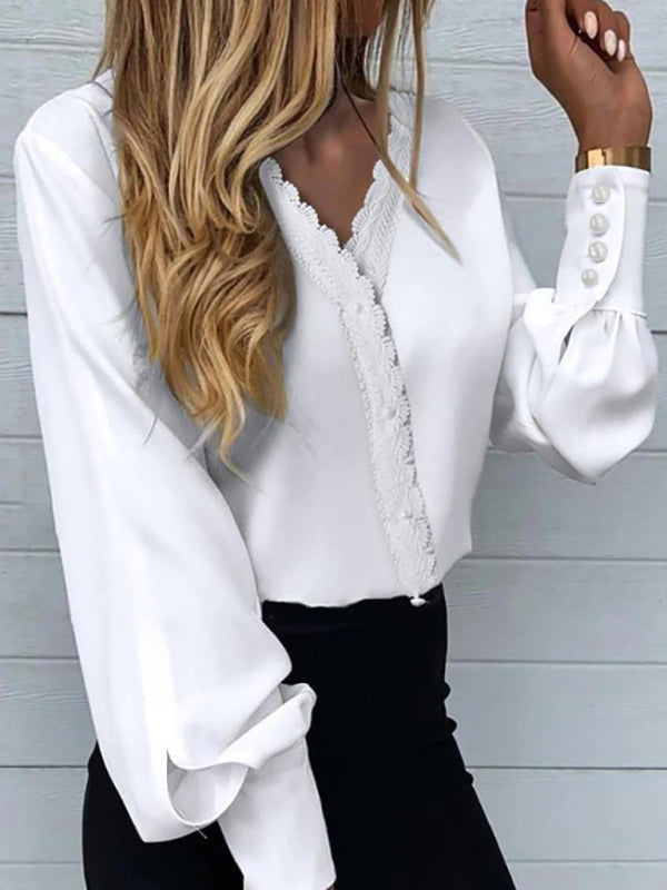 Blouses- V-Neck Blouse with Lace and Pearls - Lantern Sleeve Top for Spring- - IndioGear Fashion and Gear