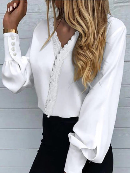 Blouses- V-Neck Blouse with Lace and Pearls - Lantern Sleeve Top for Spring- Raw white off white- IndioGear Fashion and Gear